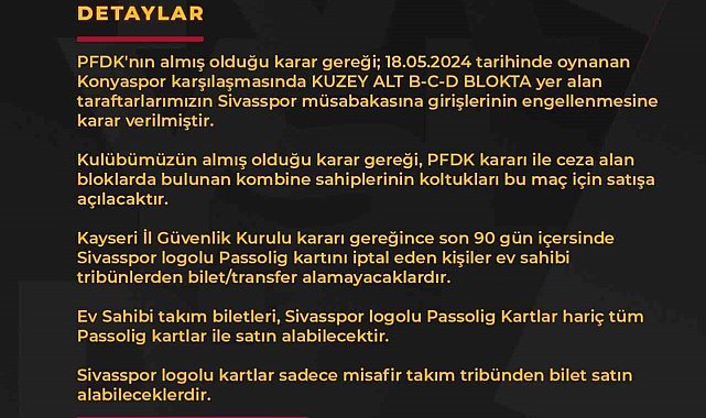 Kayserispor-Sivasspor maçının biletleri satışa çıkıyor